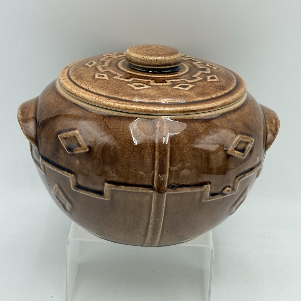 Vtg Monmouth Stoneware Pottery Bowl with Lid Brown Southwestern Diamond Pattern